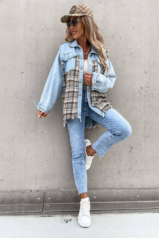 WOMEN DENIM PATCHWORK PLAID JACKET_CWJJ0050