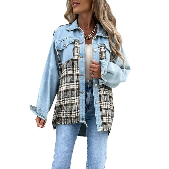 Lily Women Denim Patchwork Plaid Jacket